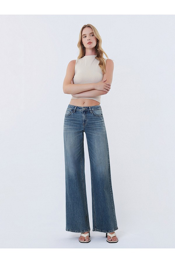 MID RISE MEDIUM DARK WASH WIDE LEG ...
